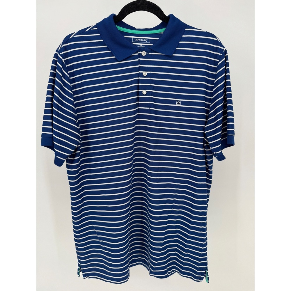 Crown Ivy Men's Blue White Stripe Short Sleeve Polo Shirt Medium